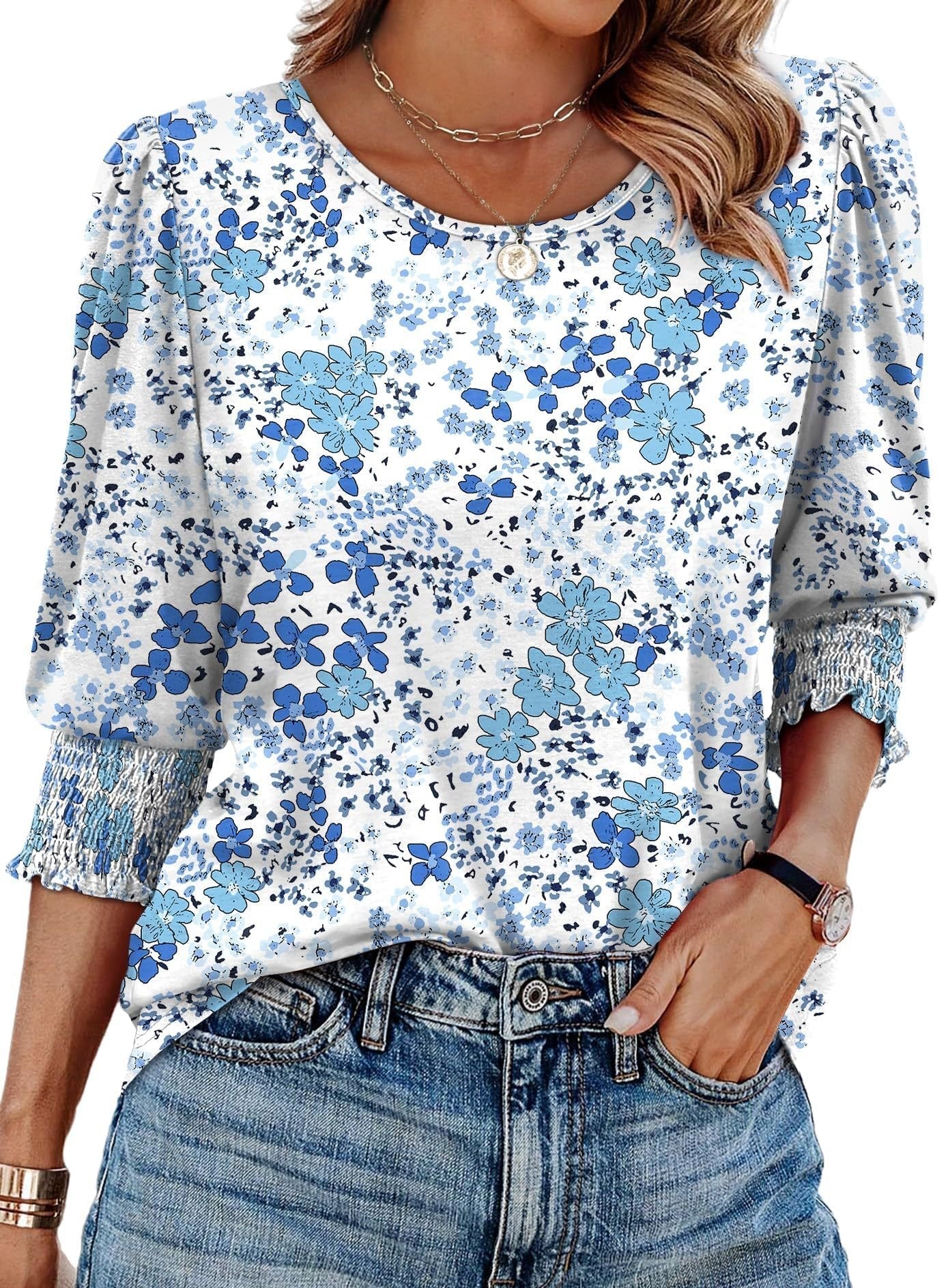 Women Dressy Casual 3/4 Length Sleeve Blouses with Smocked Cuffs