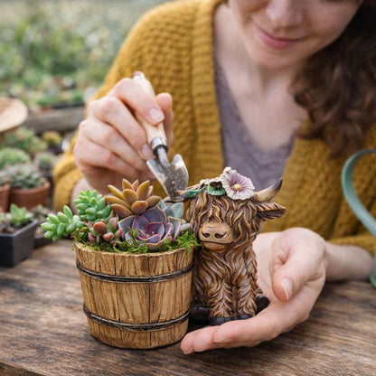🐮Adorable Ceramic Highland Cow with Wooden Barrel Planter for Succulents🪴