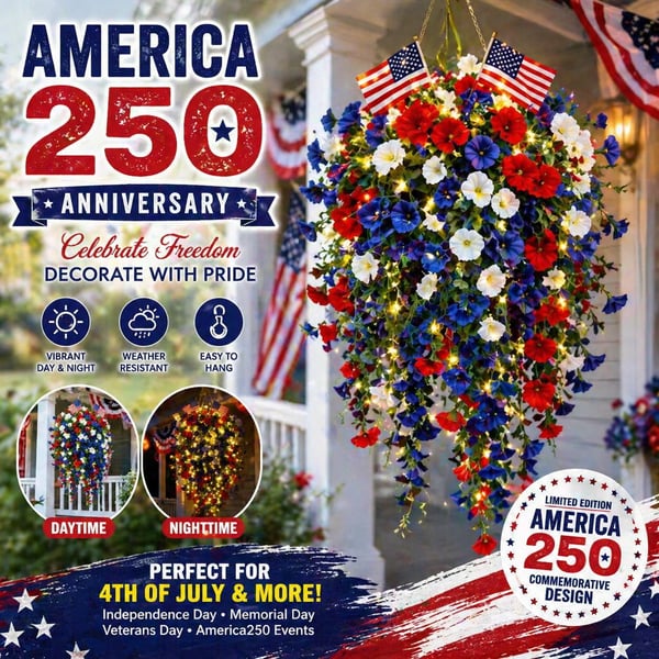 🎉Patriotic Hanging Flower Baskets 🔴⚪🔵 - Artificial Outdoor Decor, No Maintenance