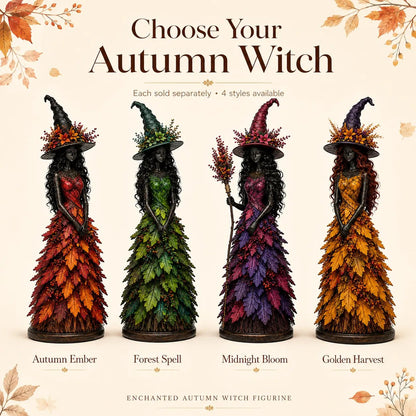 🧙 Enchanted Autumn Witch Figurine – Halloween Leaf Dress Tabletop Ornament for Mantel, Shelf & Cosy Seasonal Decor