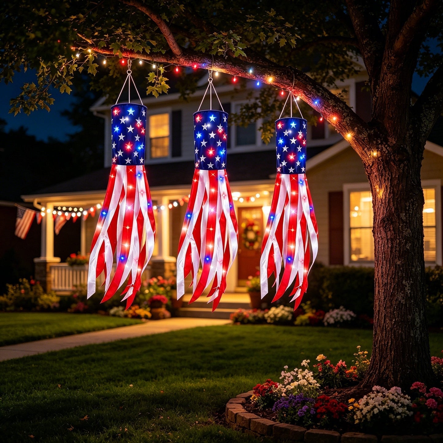 💈💈3 Pack 50 Inch Large American Flag Windsocks with Red White Blue Lights