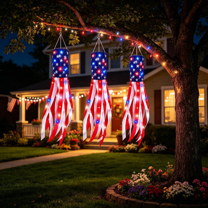 💈💈3 Pack 50 Inch Large American Flag Windsocks with Red White Blue Lights