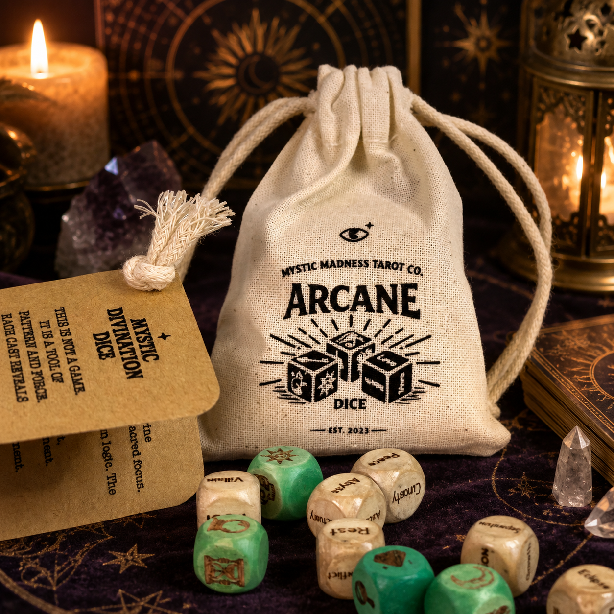 🔮🎲Arcane Divination Dice Set – Engraved Wooden Box, Oracle Dice for Tarot Ritual, Handcrafted Intuition Amplifier