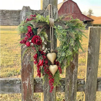 ❤️ Valentine’s Day Farmhouse Heart Wreath: Gold Bells, Red Roses & Berries🎉