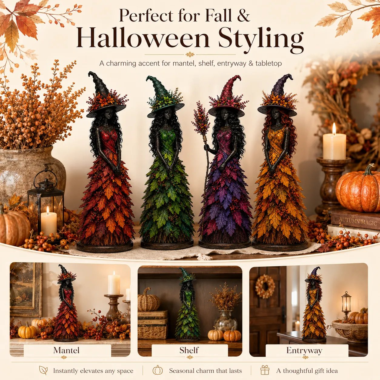 🧙 Enchanted Autumn Witch Figurine – Halloween Leaf Dress Tabletop Ornament for Mantel, Shelf & Cosy Seasonal Decor