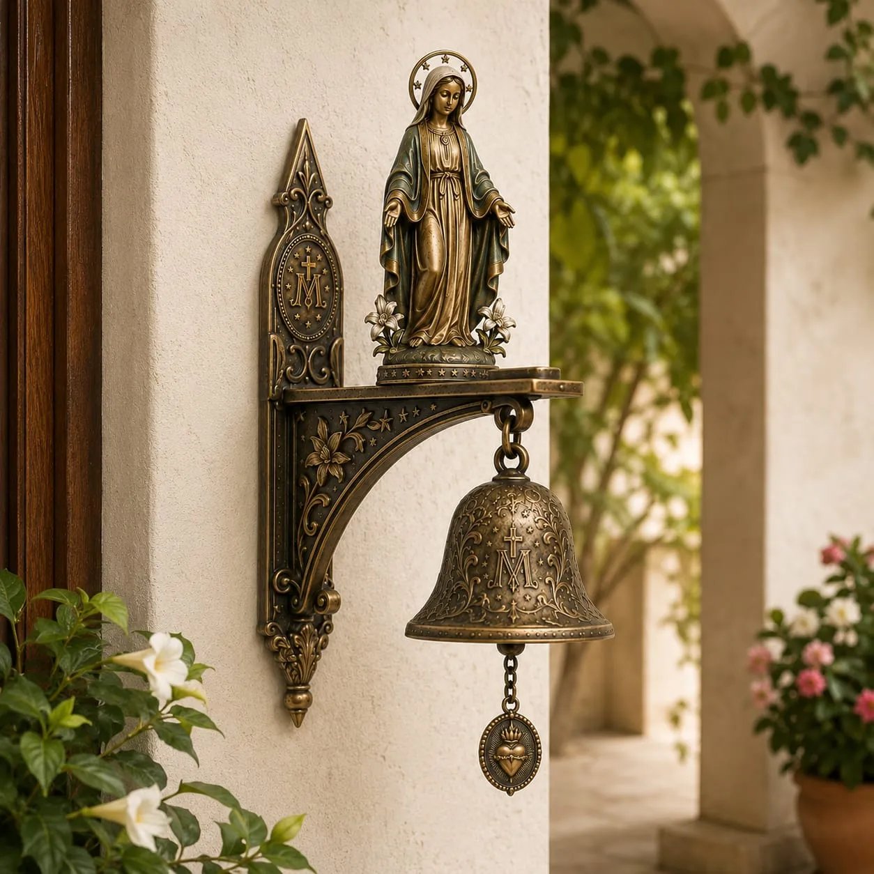 Our Lady of Grace Bronze Miraculous Medal Wall Bell ✨| 🙏Catholic Religious Home & Garden Decor"