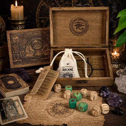 🔮🎲Arcane Divination Dice Set – Engraved Wooden Box, Oracle Dice for Tarot Ritual, Handcrafted Intuition Amplifier