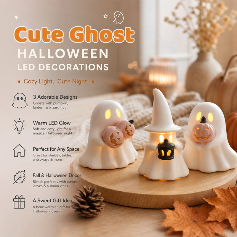 Luminous Ghost Ornament Set – Cute LED Halloween Tabletop Decor for Mantel, Shelf & Tiered Tray