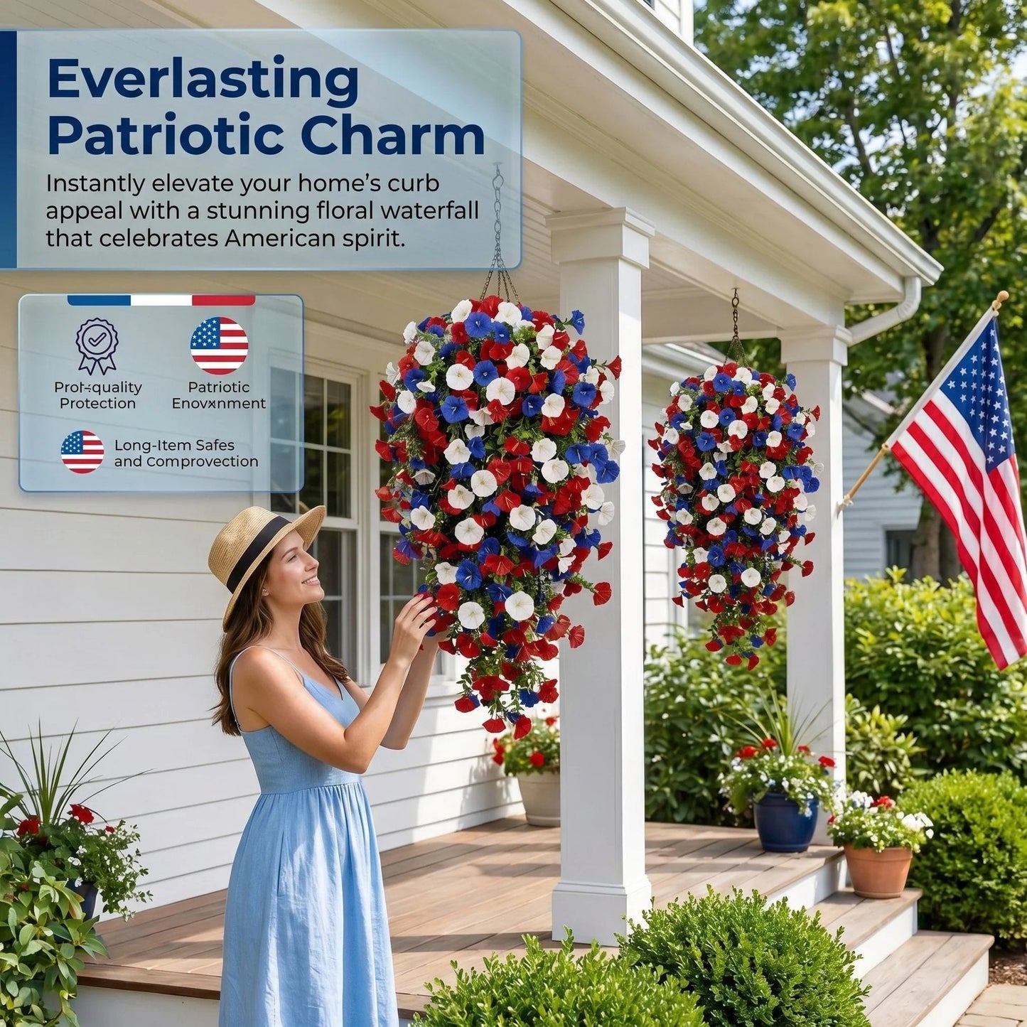 🎉Patriotic Hanging Flower Baskets 🔴⚪🔵 - Artificial Outdoor Decor, No Maintenance🇺🇸