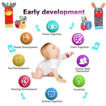 🔥Last Day 56% OFF - 👶🌈A set Newborn Baby Cartoon Animal Wrist Bell Rattle Socks