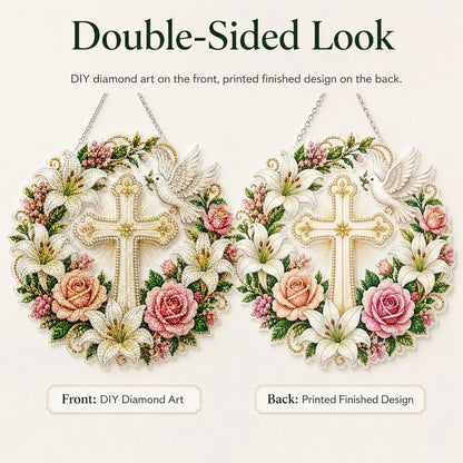💐✝️ Cross, Flowers & Peace Dove Diamond Art Hanging Ornament Kit🌺