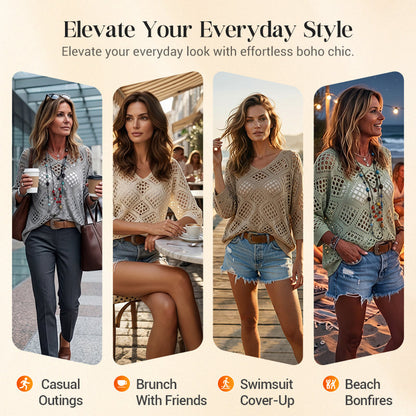 Hot Sale-Women's Boho Crochet Tops V Neck Hollow Out Knit Shirts