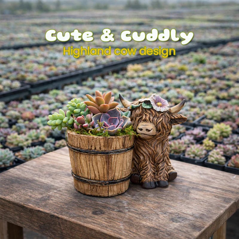 🐮Adorable Ceramic Highland Cow with Wooden Barrel Planter for Succulents🪴
