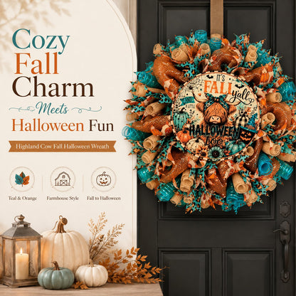 🐮🍂 Highland Cow Fall Halloween Wreath