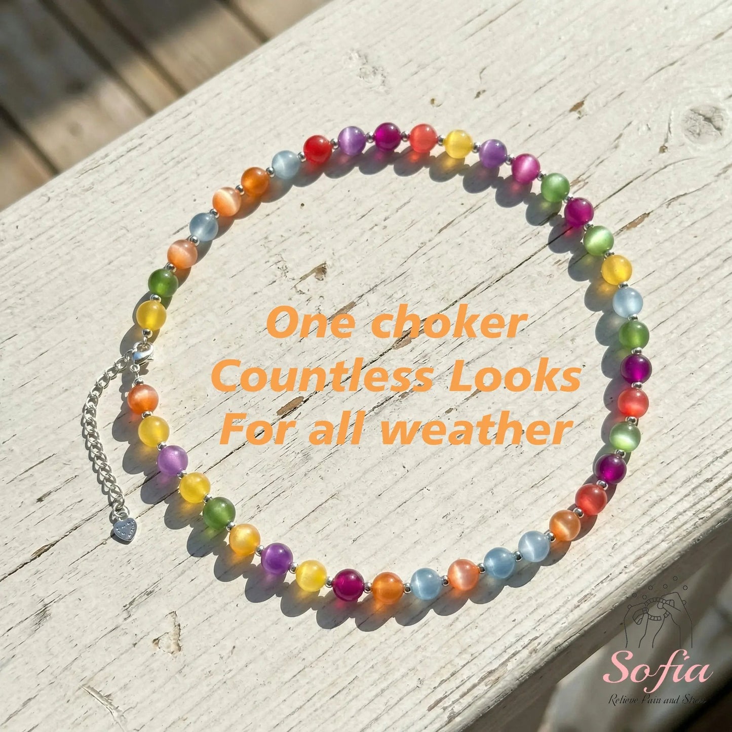 📿Sofia Dopamine Rainbow Beaded Choker Necklace-UV Reactive Waterproof Stainless Steel Stackable Summer Jewelry