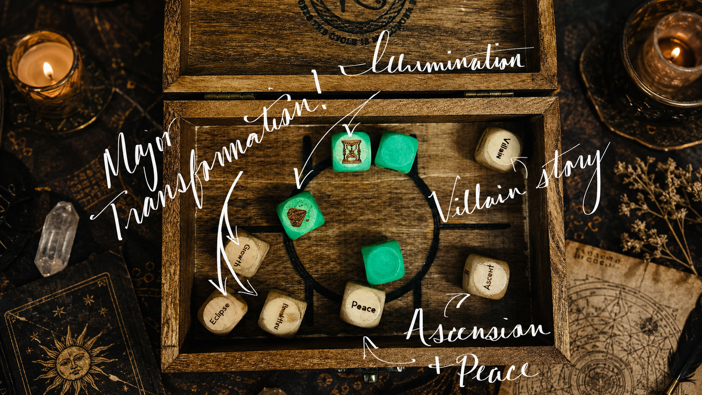 🔮🎲Arcane Divination Dice Set – Engraved Wooden Box, Oracle Dice for Tarot Ritual, Handcrafted Intuition Amplifier