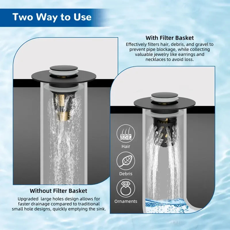 ✨ Upgraded 3-in-1 Pop Up Universal Bathroom Sink Drain Stopper - drain stopper + hair catcher + anti-clog filter