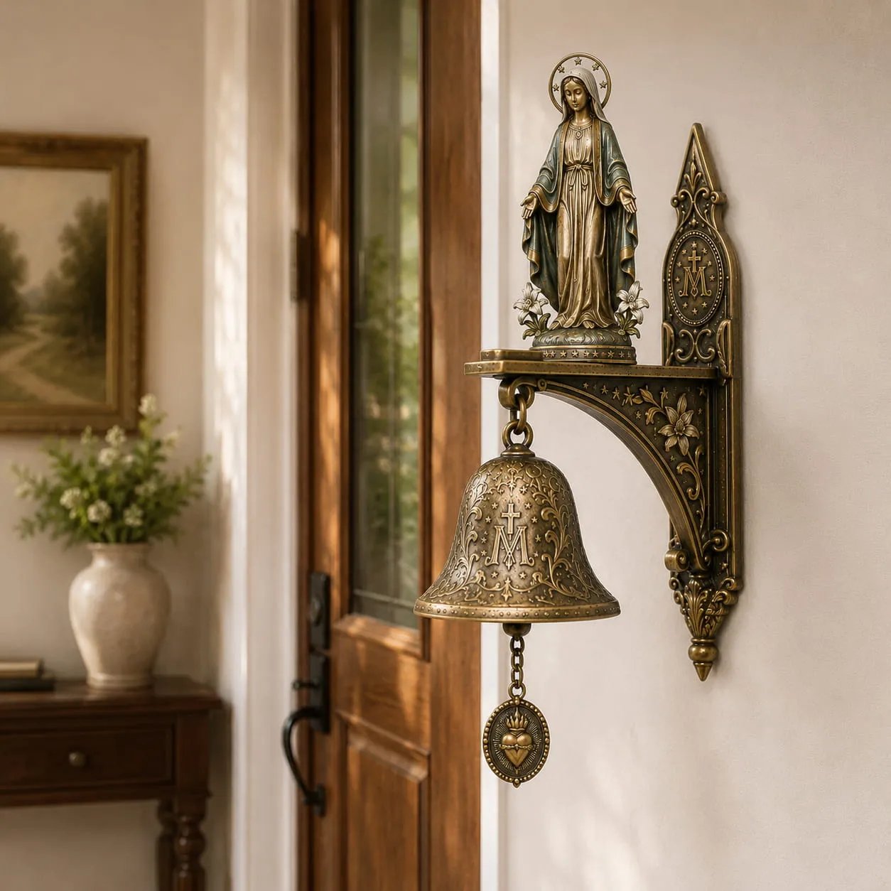 Our Lady of Grace Bronze Miraculous Medal Wall Bell ✨| 🙏Catholic Religious Home & Garden Decor"