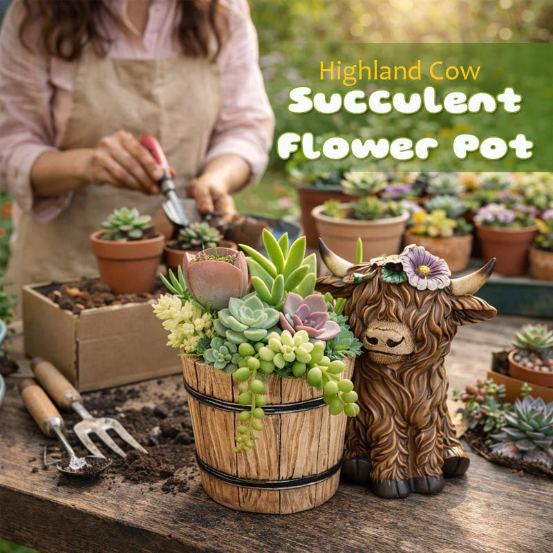 🐮Adorable Ceramic Highland Cow with Wooden Barrel Planter for Succulents🪴