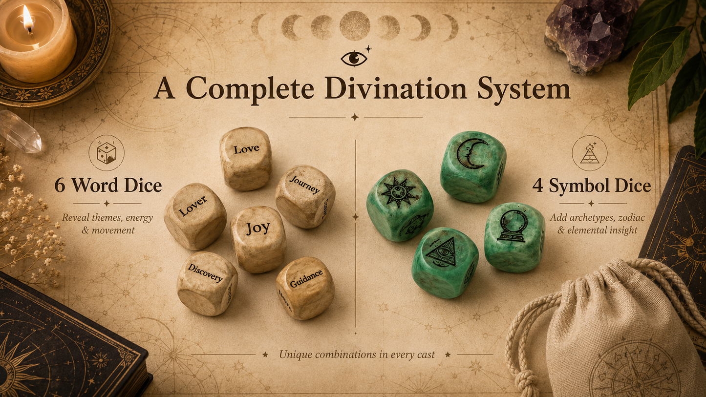 🔮🎲Arcane Divination Dice Set – Engraved Wooden Box, Oracle Dice for Tarot Ritual, Handcrafted Intuition Amplifier