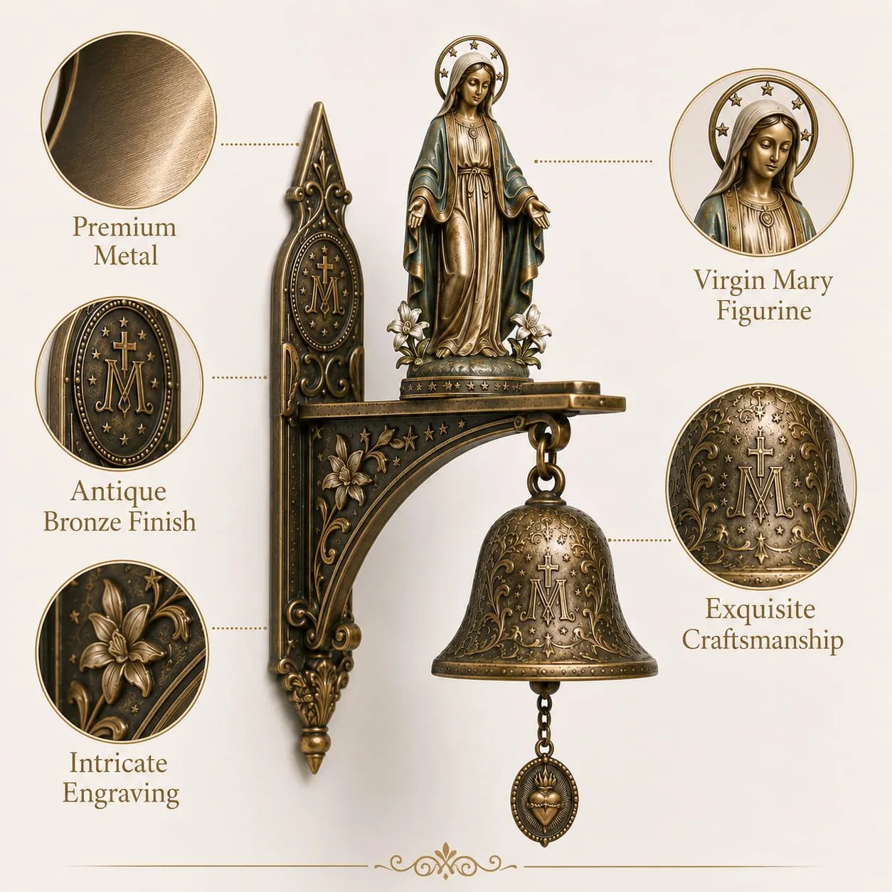 Our Lady of Grace Bronze Miraculous Medal Wall Bell ✨| 🙏Catholic Religious Home & Garden Decor"
