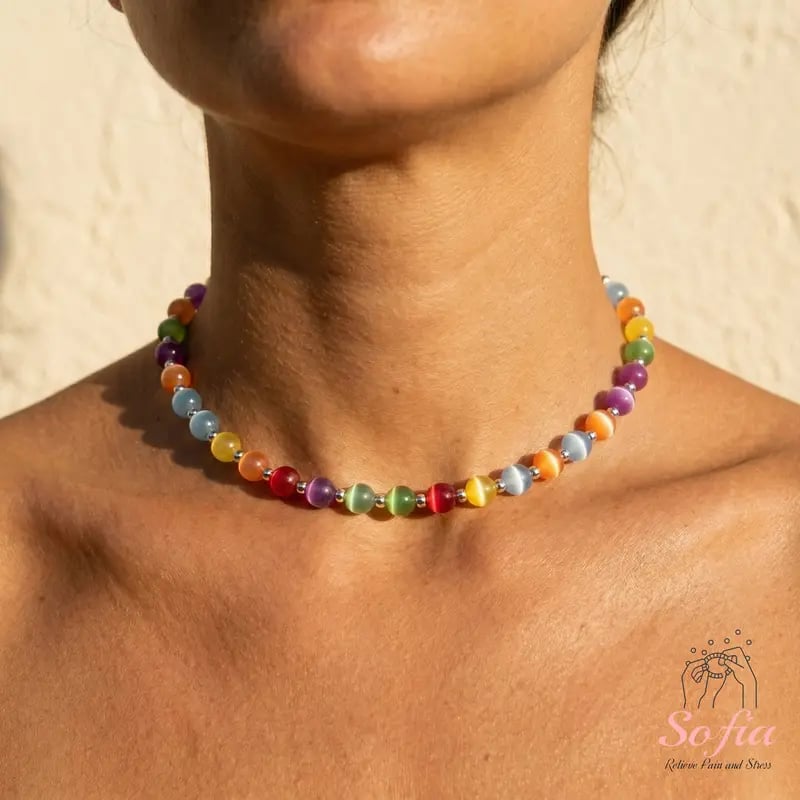 📿Sofia Dopamine Rainbow Beaded Choker Necklace-UV Reactive Waterproof Stainless Steel Stackable Summer Jewelry