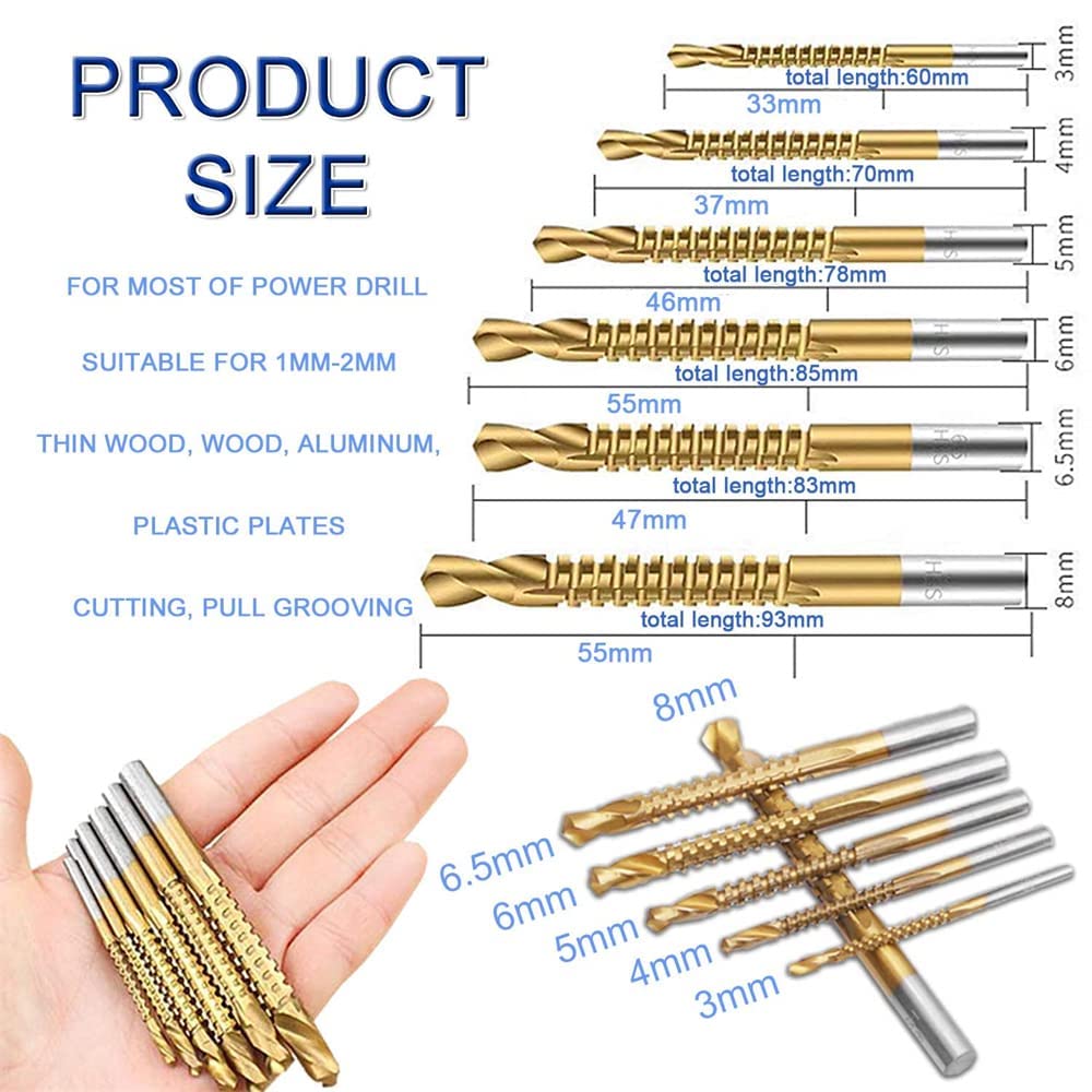 6 Pack Titanium Coated HSS Twist Drill Bits - 3-10mm