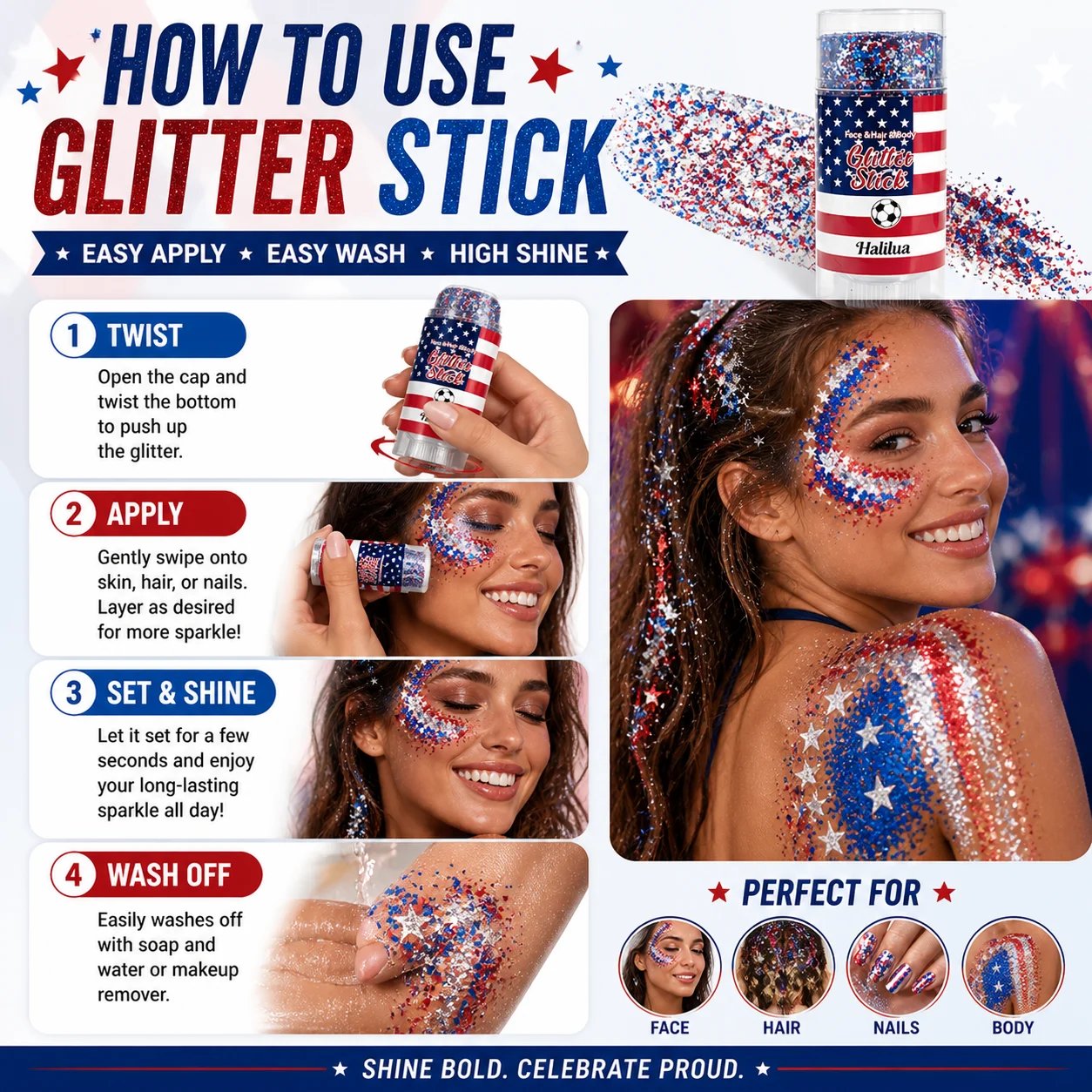 🦅4th of July Glitter Stick🇺🇸🎉Red, White & Blue Body & Hair Sparkle