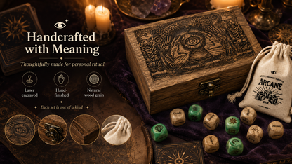 🔮🎲Arcane Divination Dice Set – Engraved Wooden Box, Oracle Dice for Tarot Ritual, Handcrafted Intuition Amplifier
