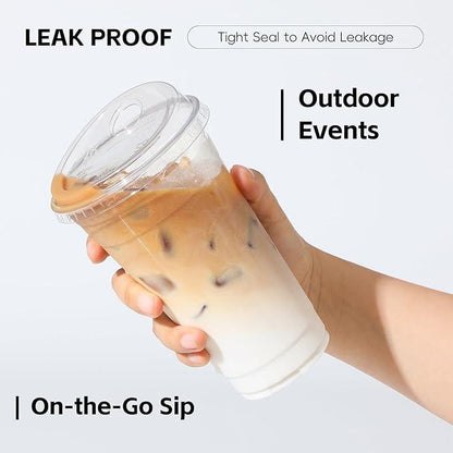16oz-24oz crystal clear plastic cup, disposable cup with lid, perfect for iced coffee and on-the-go beverages.