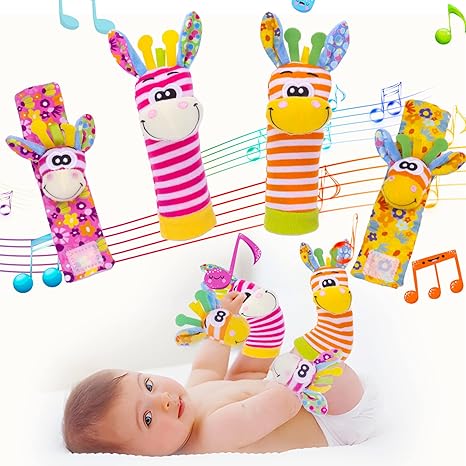 🔥Last Day 56% OFF - 👶🌈A set Newborn Baby Cartoon Animal Wrist Bell Rattle Socks