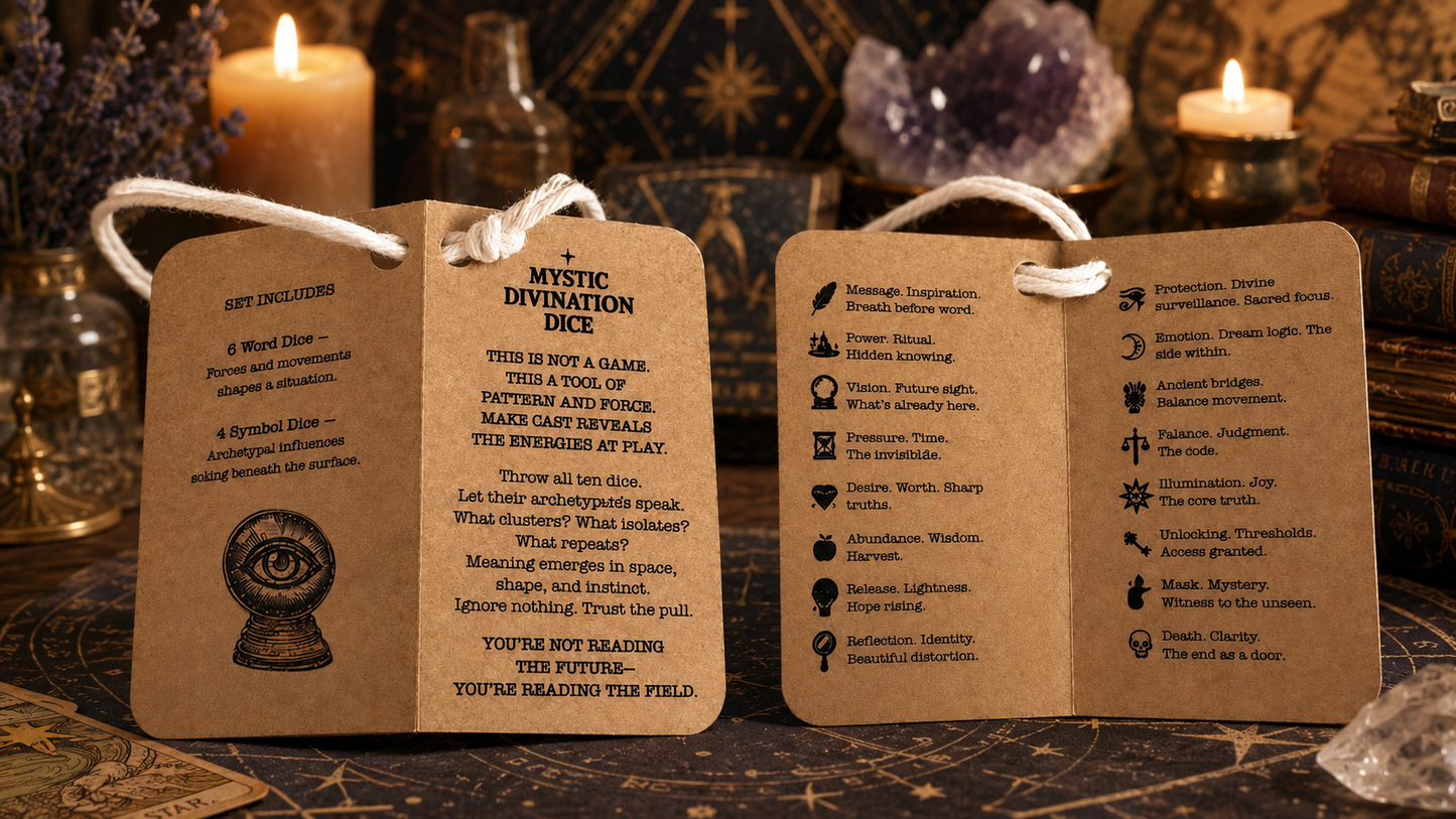 🔮🎲Arcane Divination Dice Set – Engraved Wooden Box, Oracle Dice for Tarot Ritual, Handcrafted Intuition Amplifier