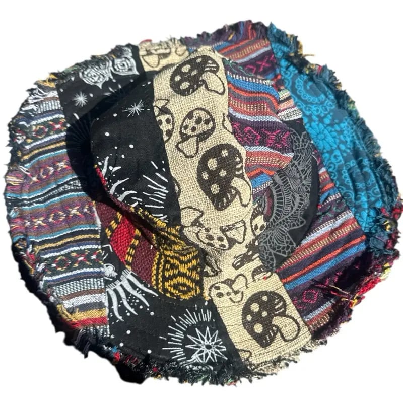 🎩Patchwork multicolored mushroom Hemp Hat with hidden pocket fedorahats🔥
