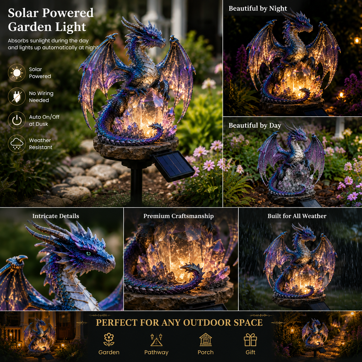 🐉 Mystical Amethyst Crystal Dragon Solar Light – Enchanted Garden Decor
