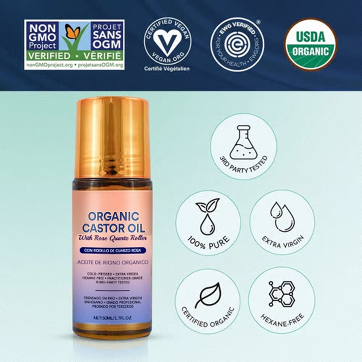 🏆#1 Best Seller ⏰Organic Golden Castor Oil Roll-On with Rose Quartz