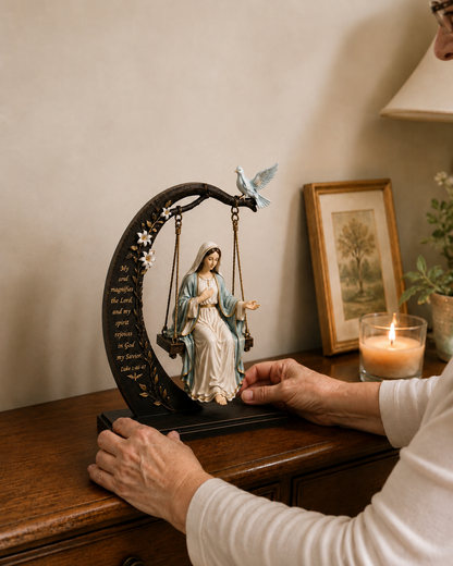 ✝️ Blessed Mary Cradle Swing Sculpture – Luke 1:46-47 Christian Faith Table Decor