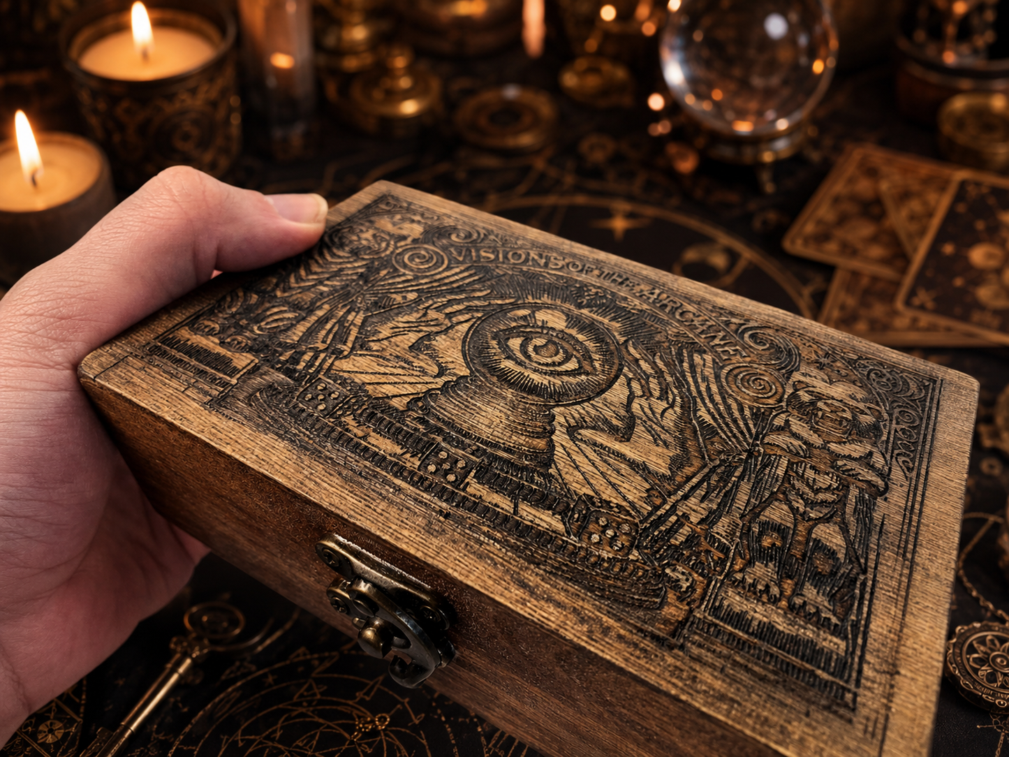 🔮🎲Arcane Divination Dice Set – Engraved Wooden Box, Oracle Dice for Tarot Ritual, Handcrafted Intuition Amplifier