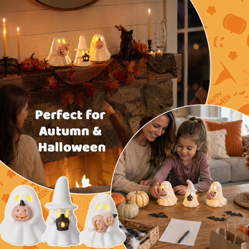 Luminous Ghost Ornament Set – Cute LED Halloween Tabletop Decor for Mantel, Shelf & Tiered Tray