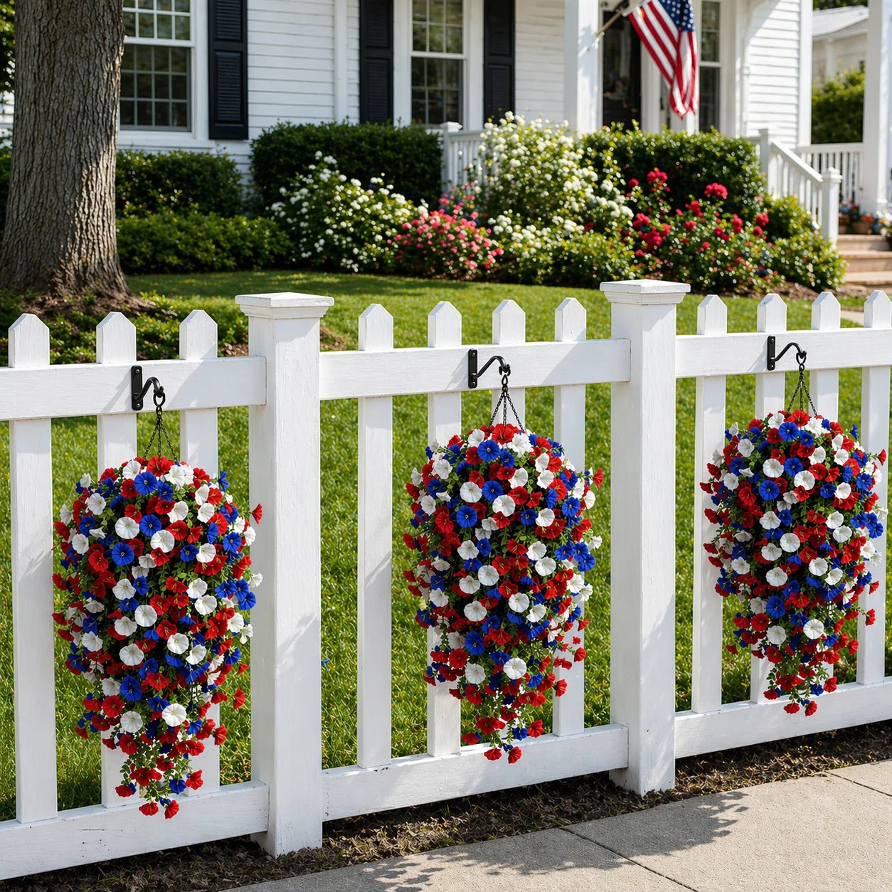 🎉Patriotic Hanging Flower Baskets 🔴⚪🔵 - Artificial Outdoor Decor, No Maintenance🇺🇸