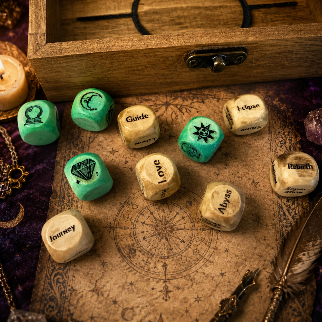 🔮🎲Arcane Divination Dice Set – Engraved Wooden Box, Oracle Dice for Tarot Ritual, Handcrafted Intuition Amplifier