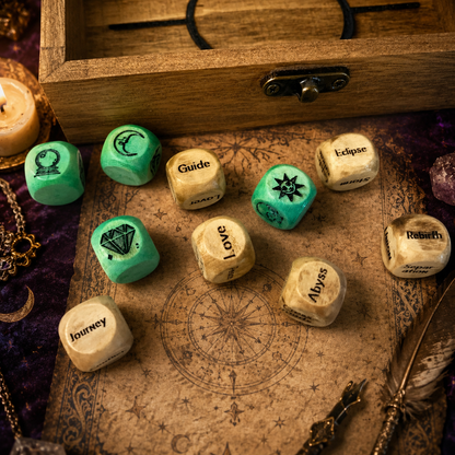 🔮🎲Arcane Divination Dice Set – Engraved Wooden Box, Oracle Dice for Tarot Ritual, Handcrafted Intuition Amplifier
