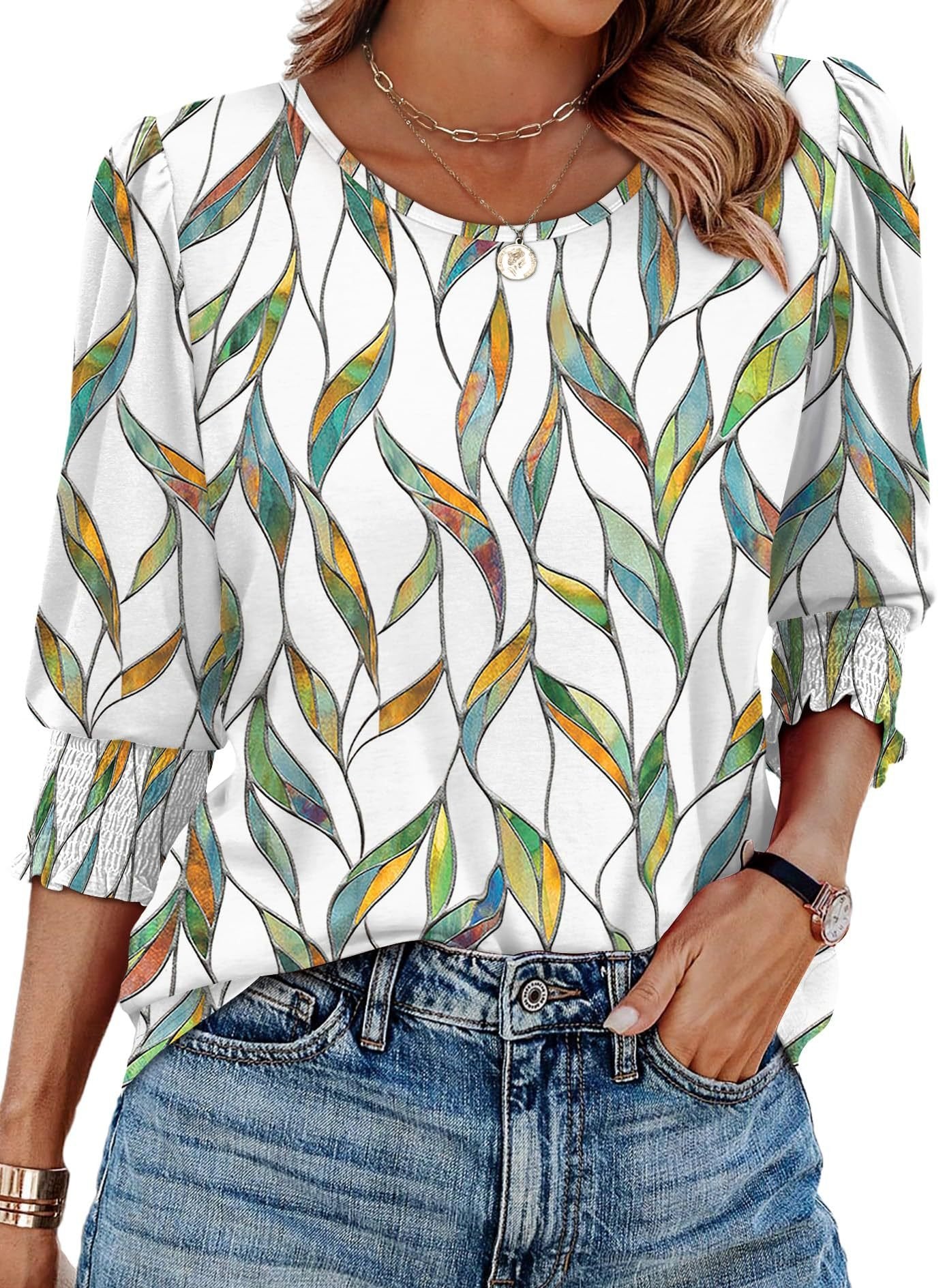 🔥Women Dressy Casual 3/4 Length Sleeve Blouses with Smocked Cuffs