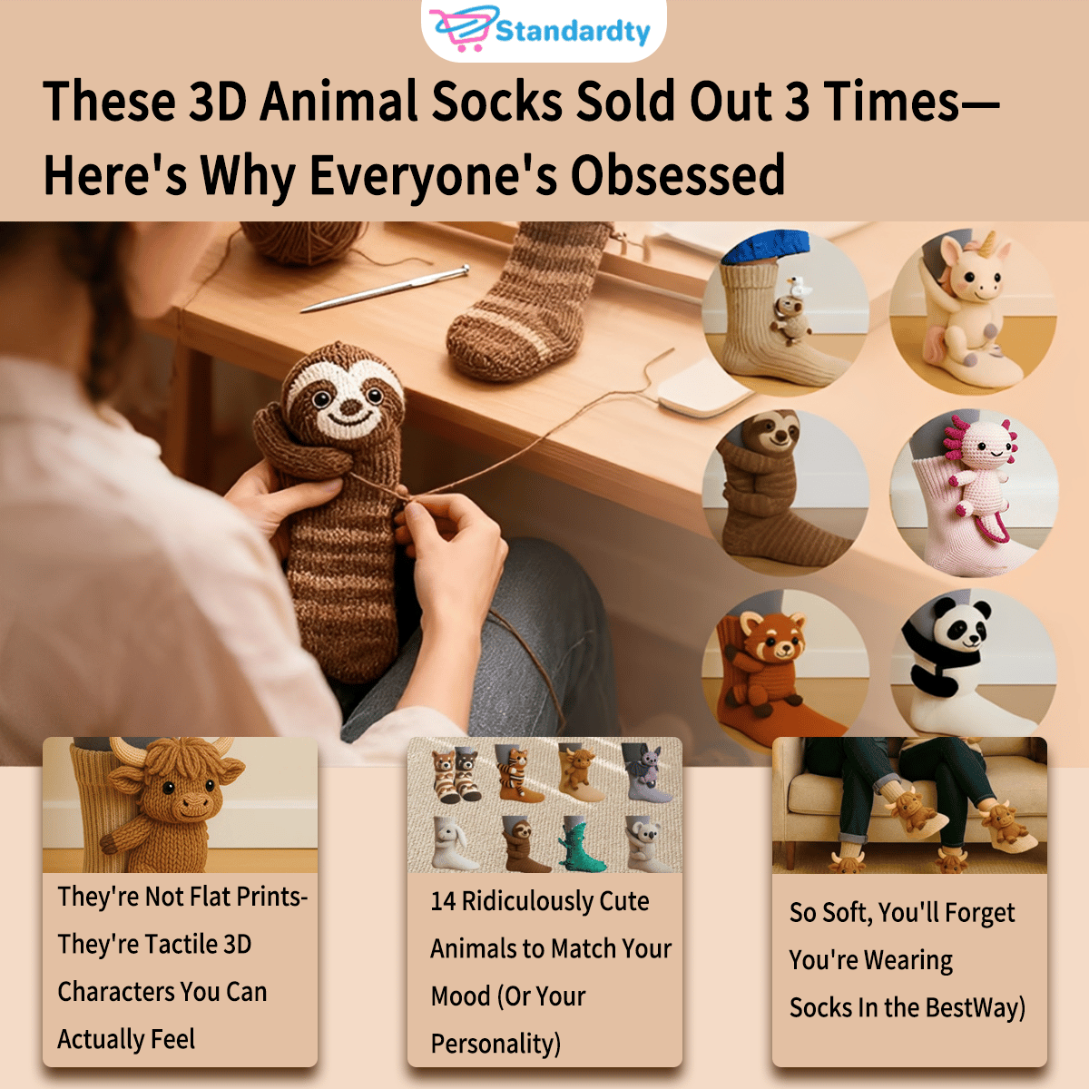 Cozy 3D Knit  Spirit Animal Socks, Express Yourself in Comfort💝