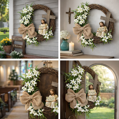 Easter Christian Wreath with Jesus Figurine