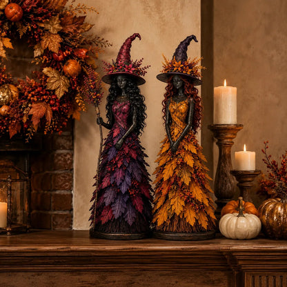 🧙 Enchanted Autumn Witch Figurine – Halloween Leaf Dress Tabletop Ornament for Mantel, Shelf & Cosy Seasonal Decor
