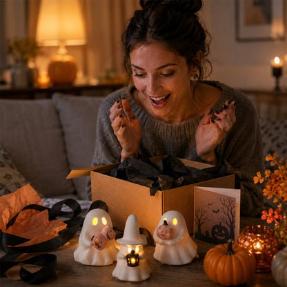 Luminous Ghost Ornament Set – Cute LED Halloween Tabletop Decor for Mantel, Shelf & Tiered Tray
