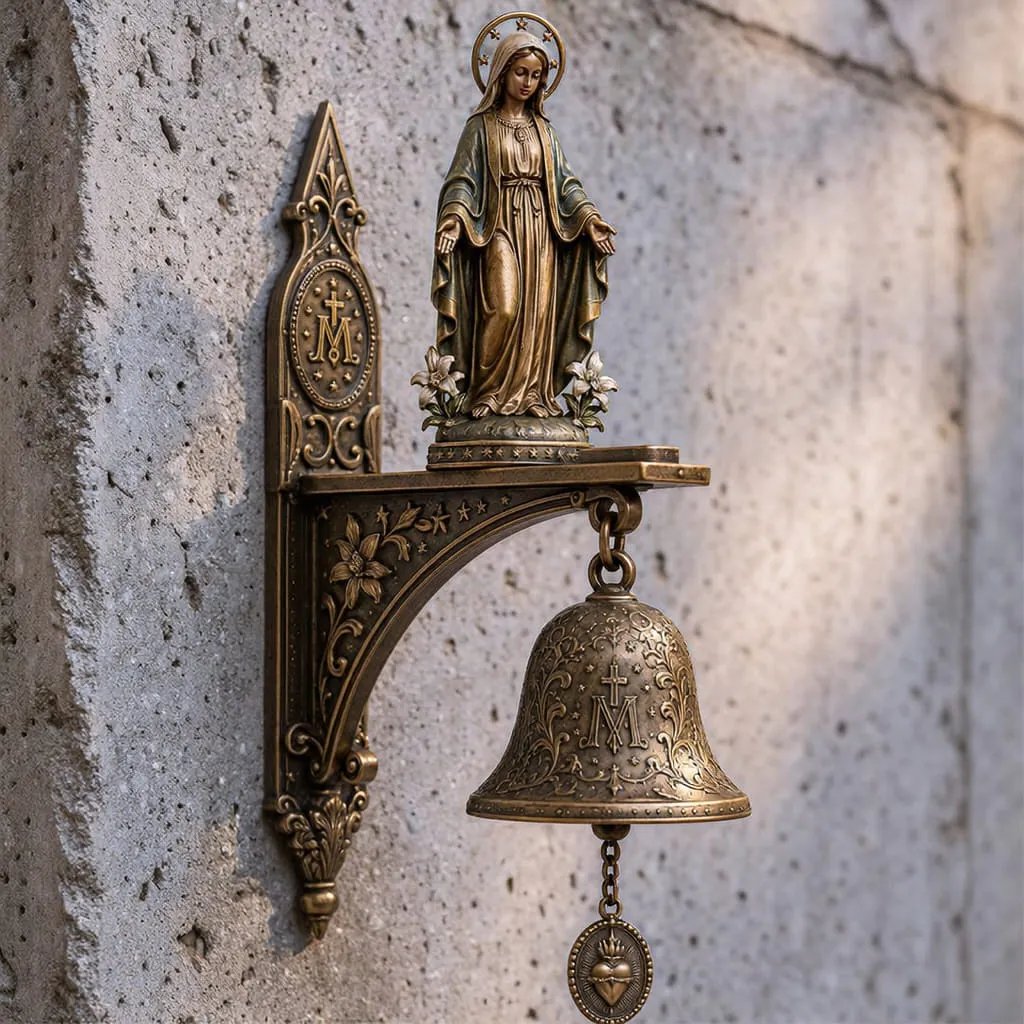 Our Lady of Grace Bronze Miraculous Medal Wall Bell ✨| 🙏Catholic Religious Home & Garden Decor"