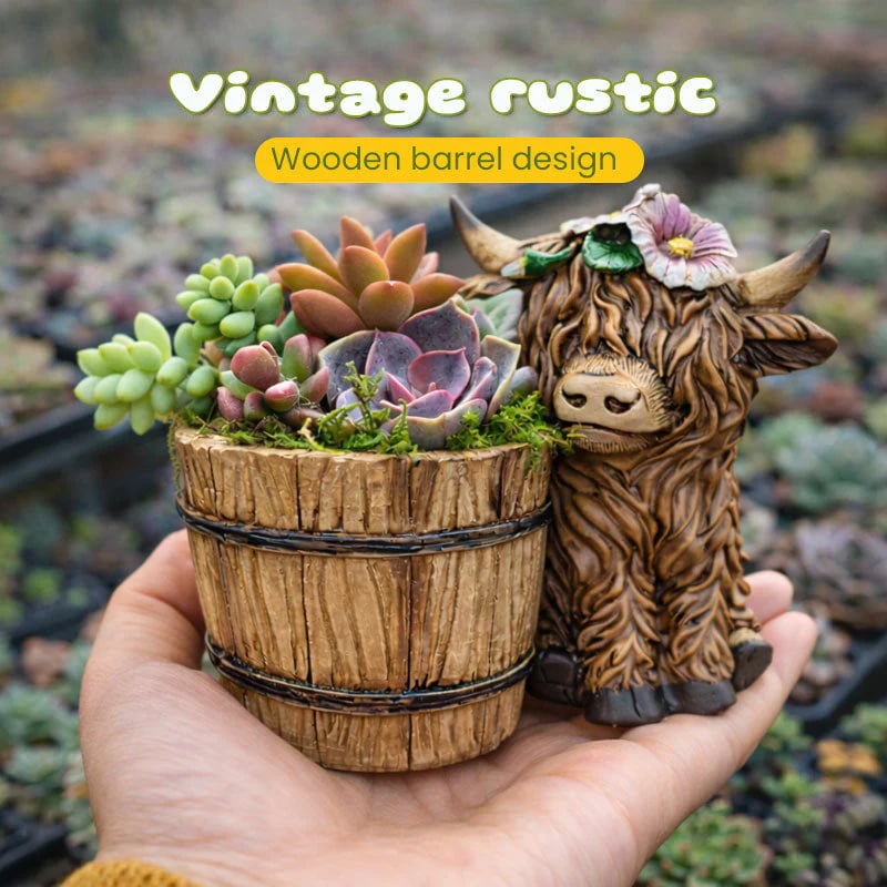 🐮Adorable Ceramic Highland Cow with Wooden Barrel Planter for Succulents🪴