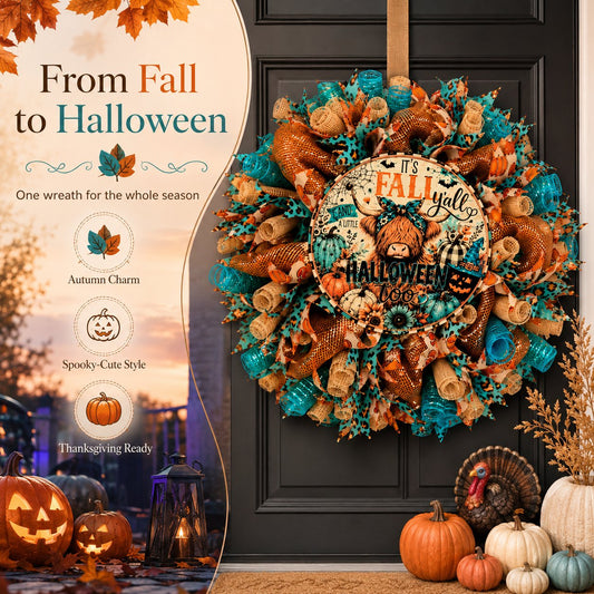 🐮🍂 Highland Cow Fall Halloween Wreath