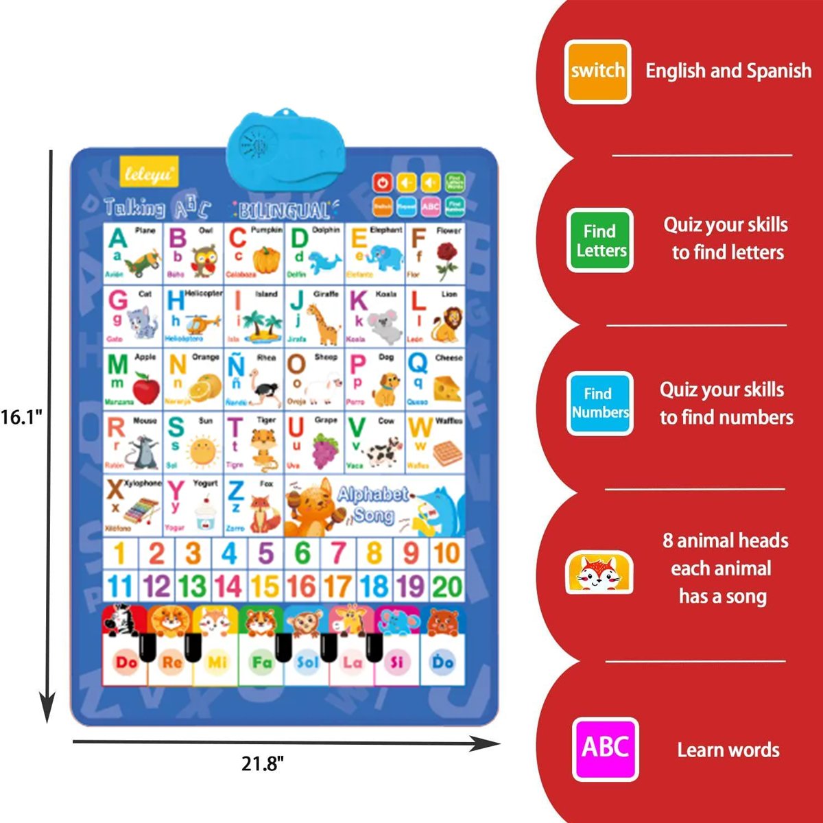 🚀2026 Talking Wall Chart for Kids – English & Spanish Learning Poster with Songs, ABCs, Numbers, Animal words & Piano
